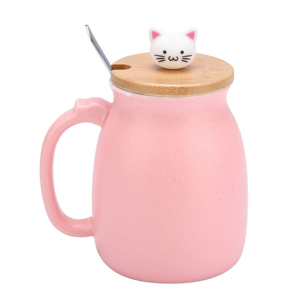 VBESTLIFE Cute Cat Ceramic Mug, with Spoon and Lid, 420ML Coffee Milk Tea Cup, for Drinkware Gift(pink)