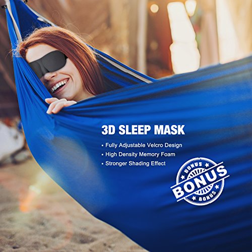 Kamileo Double Camping Hammock, Lightweight Nylon Portable Hammock with Sleep Mask and Tree Straps, for Camping Backpacking Outdoor Beach Yard (Blue)