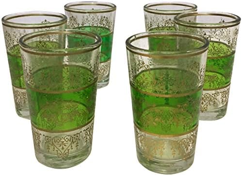 Set of 6 Moroccan Tea Glasses with Trim- Light Green - H 9cm