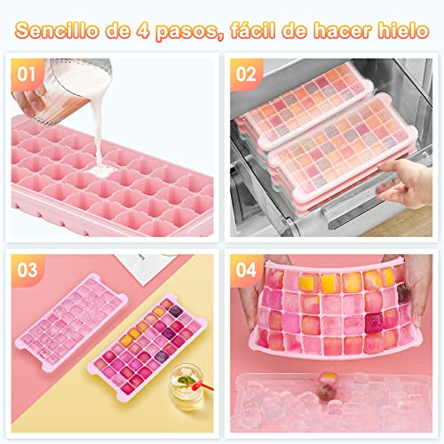 bedee Cubiteras para Hielo con Tapa, 72 Cubitos, Molde Silicona Sin BPA, Bandejas para Hielo Silicona, 2 Piezas Bandejas para Hielo para Congelarse Alimentos para Bebés, Agua, Cola, Cócteles (Rosado)