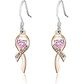 Dreamboat Sterling Silver Breast Cancer Earrings Pink Ribbon Earrings Dangle Hook Rose Gold Plated Awareness Accessories Breast Cancer Survivor Gifts for Woman Jewelry