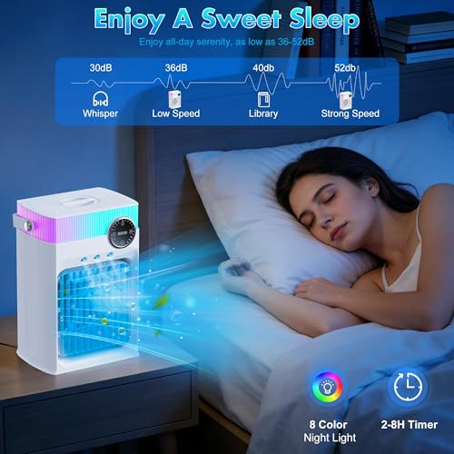 Portable Air Conditioners, Mini AC Unit Cooling Fan for Bedroom,1200ML Small Air Cooler Fans with Remote, 3 Mist,3 Speed,8 Light,2-8H Timer Personal AC Portable for Office Camping Car Desk(White)