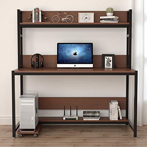 Tribesigns 55" Large Computer Desk with Hutch, Modern Writing Desk with Bookshelf, PC Laptop Study Table Workstation for Home, Cherry Brown+ Black Legs - Thumbnail 2