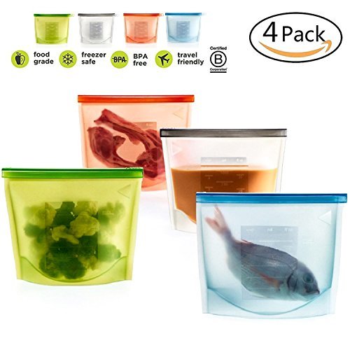 Silicone Food Bag, Reusable Airtight Seal Food Storage Container Reusale Freezer Leak-Proof Cooking Ziploc Bag Versatile Kitchen Utensil Set Of 4 Pcs for Freeze, Steam, Heat, Microwave