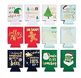 Juvale Christmas Beer Can Sleeves - 12-Pack Holiday Theme Drink Holders with Insulated Covers, Neoprene Coolers for 12-Ounce Canned Beverages, 12 Festive Winter Designs, 2.8 x 4.2 Inches