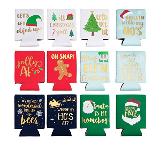 Juvale Christmas Beer Can Sleeves - 12-Pack Holiday Theme Drink Holders with Insulated Covers, Neoprene Coolers for 12-Ounce Canned Beverages, 12 Festive Winter Designs, 2.8 x 4.2 Inches
