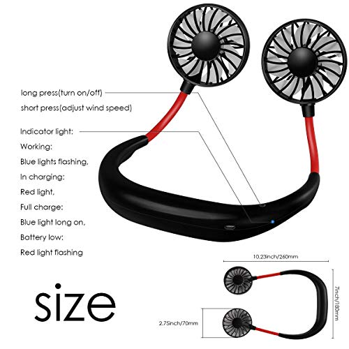 YIWEI Hand Free Personal Fan Portable Sports Neck Hanging Fan USB Rechargeable 2000mAh 3 Speeds Mini Desk Cooling Fan with Dual Wind Head for Traveling Outdoor Office Room