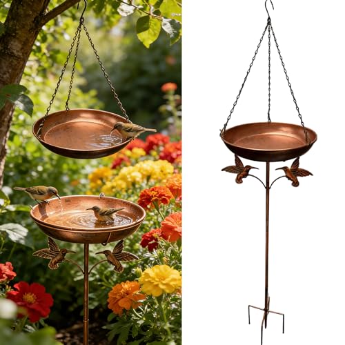 Beafaeur Bird Drinker, Hanging Bird Bath, Bird Bath Outdoor Water Trough (ø 30 cm), with 5 Legs Anti-Tip Base and Chain, Freestanding Bird Baths for Garden Balcony