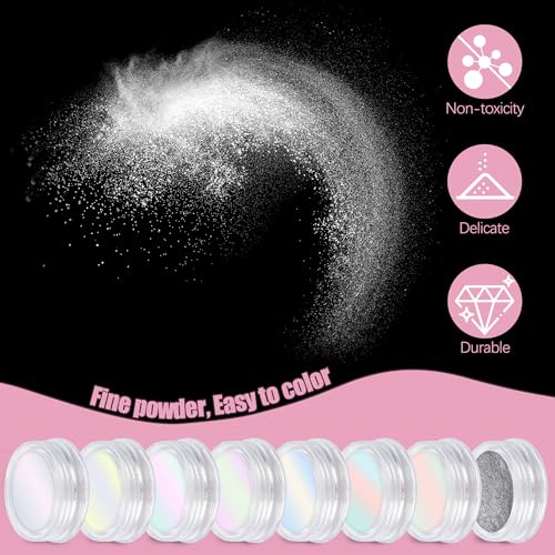 Artdone 8 Jars Chrome Nail Powder Magic White Pearl Kit Mirror Effect Silver Metallic Holographic Dip Nail Powder Decoration Iridescent Aurora Mermaid Pigment