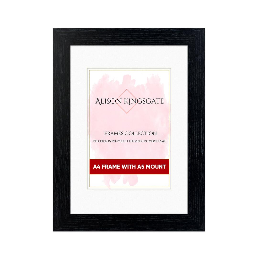 Alison Kingsgate Black A4 Frame With Mount For A5 Size (14.8 x 21cm) - Modern Design Black A4 Picture Frame With Mount with Safe Perspex Front & Wall Hanging Hooks - Handmade Frames — image 1