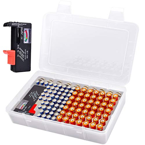 Battery Storage Organizer Box with Battery Tester, Garage Batteries Caddy Case Holder Container