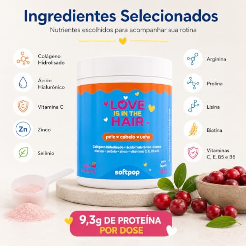 Softpop Love is in the Hair | Colágeno Hidrolisado com Ácido Hialurônico, Biotina, Vitamina C, Zinco e 9 Aminoácidos | Pele, Cabelo e Unhas | 200g