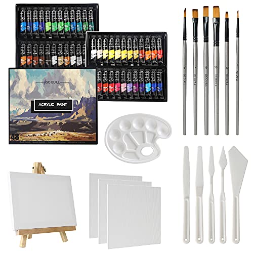 GC QUILL 48 x 12ml Acrylic Paint Tubes with 6 Brushes, Knives, Canvas, Easel, for Artist Painting on Wood, Ceramic, Fabric, Crafts GC-APK48