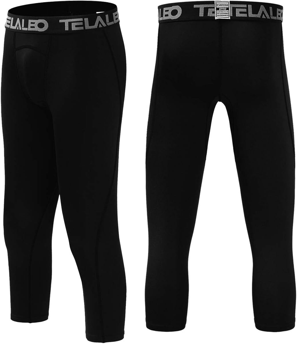 TELALEO Boys Youth Compression Pants Base Layer 3/4 Sports Tights Running Leggings Capris Kids for Workout Training: Clothing