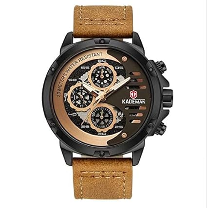 Kademan Brown Business Casual Chronograph Waterproof Leather Strap Day Display Watch for Men and Boys