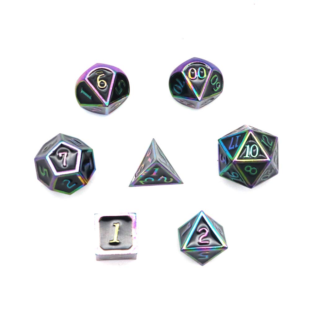 DollaTek 7 PCS Metal Dice Set DND Game Polyhedral Solid Metal D&D Dice Set with Storage Bag and Zinc Alloy with Enamel for Role Playing Game Dungeons and Dragons (Colorful Black)