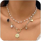 CASOLVX Gold & Pearl Multi Layered Choker Necklace | Boho Aesthetic Coin Pendant Fashion Jewelry | 2PCS Layering Necklaces for women
