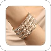 Yheahin Multi-Layered Pearl Crystal Bracelet for Women Vintage Rhinestone Strand Row Cuff Bracelet Stretchy Wrap Wrist Bracelet Accessories for Bridal Wedding Parties