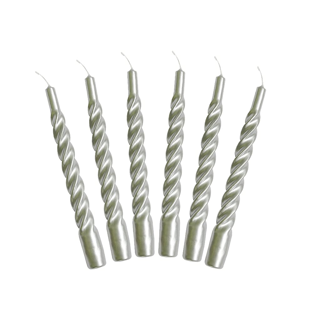 Candles with a Twist®, Made in Italy, 25 Colours Available, Dinner Candles, Twisted Candles Long Burning 5 Hours, Tapered Candles, Lacquered, Unscented Candle Gift Set, 6 pcs. 2.2 x 21cm (Silver)