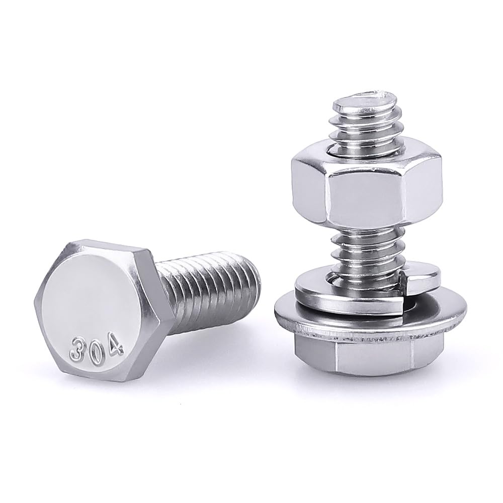 Photo 1 of 1/4-20 x 1/2" (10 Sets) Stainless Steel Hex Bolts Screws with Nuts Flat Washers Lock Washers, 304 SS 18-8, Hexagon Head, Fully Machine Threaded, Bright Finish