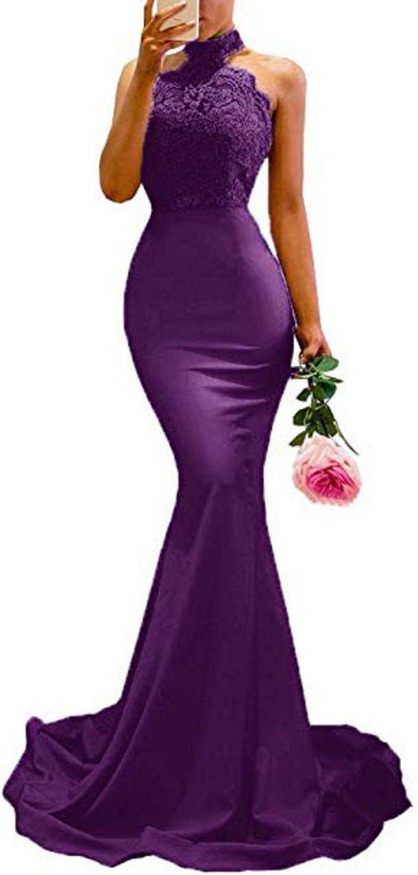 Yisha Bello Women's Satin Mermaid Prom Dress Sweep Train Lace Evening Gowns