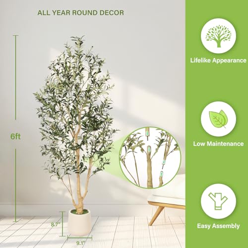 FEELEAD Olive Trees Artificial Indoor 6ft with Planter – Faux Olive Tree with Natural Wood Trunk & Realistic Leaves, 6 Feet Tall Fake Olive Tree for Home Office Decor, Tall Faux Tree for Living Room