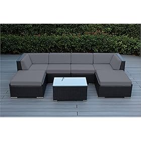Ohana Collection 7-Piece Outdoor Patio Furniture Sectional Conversation Set, Black Wicker with Gray Cushions - No…