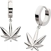 316L Stainless Steel Pot Leaf Dangling Huggie Hoop Earrings, Sold as a Pair
