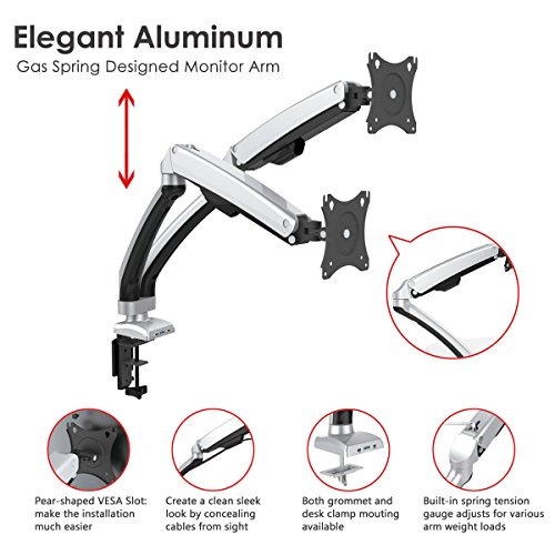 H&A Elegant Aluminum Monitor Stand Gas Spring Desk Monitor Mount for 13"-32" Computer Monitor TV Screens Full Motion Swivel LED LCD Arm (Dual Monitor)