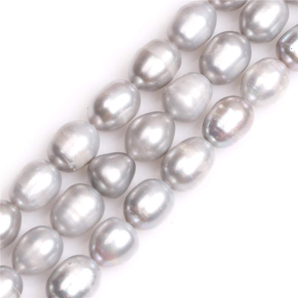 GEM-Inside Real Genuine Pearl Rice Oval Light Gray 9-10x10-12mm Cultured Freshwater Pearl Beads for Jerwelry Bracelets Necklace Crafts Making 15inch