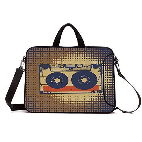 13" Neoprene Laptop Bag Sleeve with Handle,Adjustable Shoulder Strap & External Side Pocket,70s Party Decorations,Audiocassette Retro Music Theme Pop Art Vintage Obsolete Fun Decorative,Brown Black