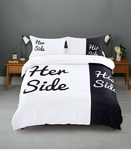 DS DUVET STAR 4pc Simple Style Love His Her Side Pattern Microfiber Duvet Cover Set Black/White Queen Size