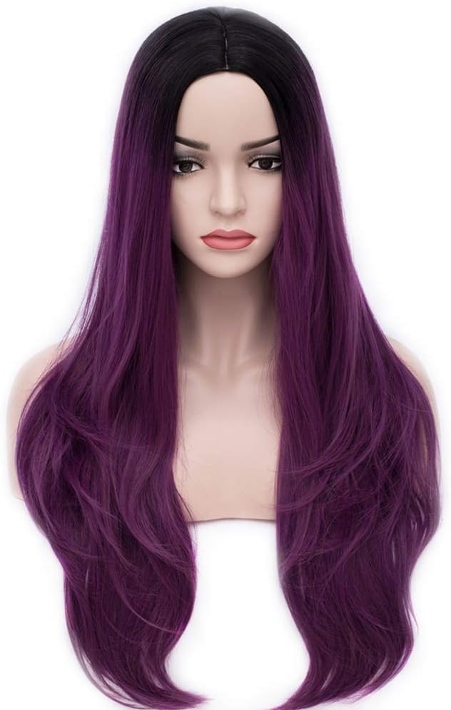 BERON 27” Women’s Long Wavy Wig Dark Root Ombre Parted Synthetic Wig Daily Use Halloween Cosplay Costume Party Wig (Black to Taro Purple)