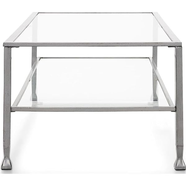 CLICKDECOR MADDOX 2-TIER TEMPERED GLASS COFFEE TABLE WITH METAL FRAME, CONSOLE, LIVING ROOM ACCENT FURNITURE, RECTANGULAR TOP WITH STORAGE SHELF, EASY ASSEMBLY, 48 INCH, SILVER