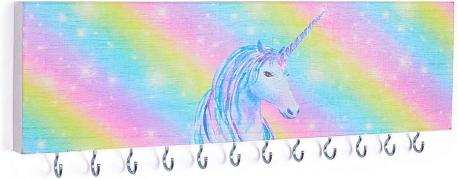 Basumee Jewelry Organizer Wall Mounted for Girls Necklace Holder Wooden with 12 Metal Hooks, Rainbow Unicorn