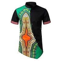 GLVSZ Mens African Dashiki Print Summer Short Sleeve Slim Fit Dress Shirt Top(Green A,M)