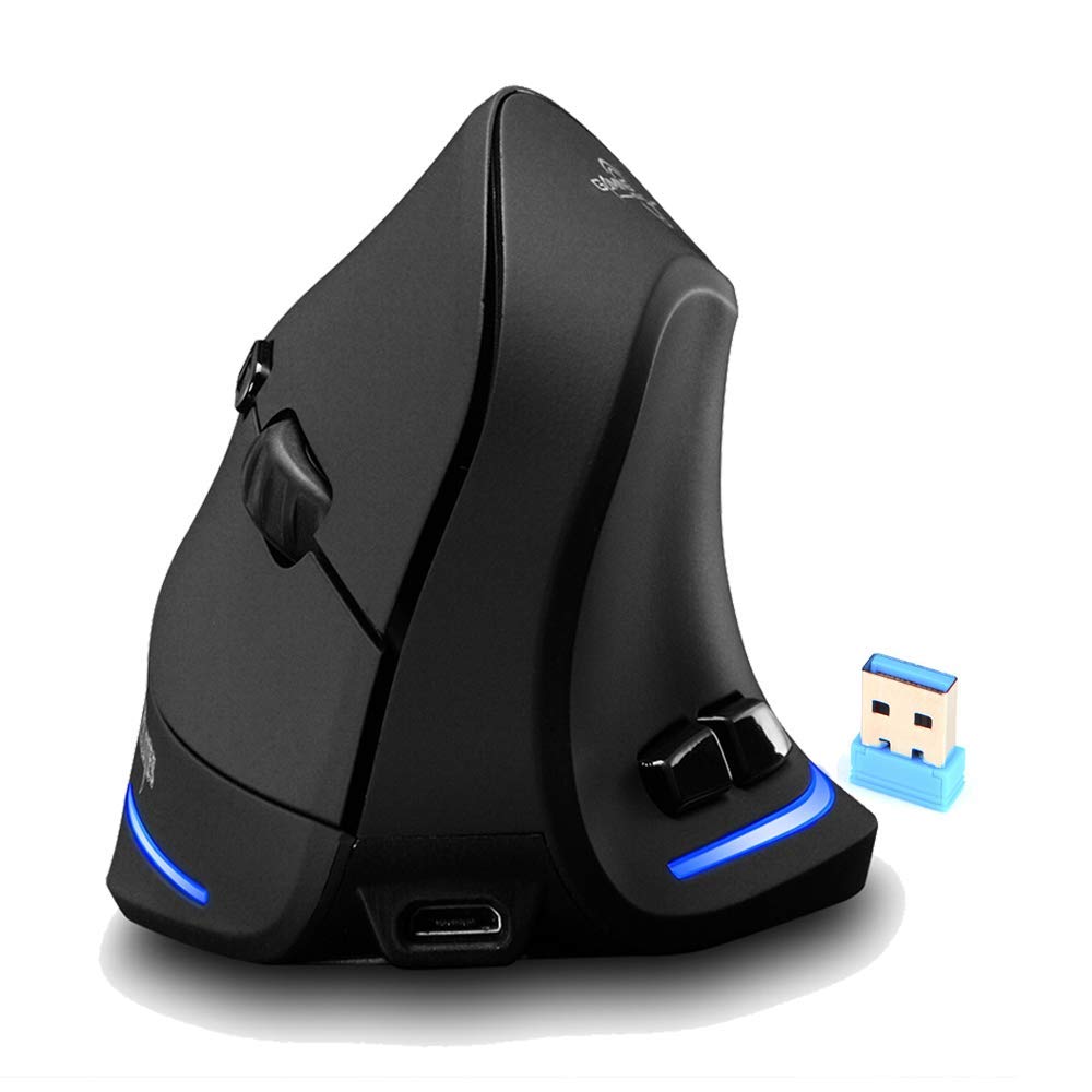 Zeerkeer Vertical Mouse Mice 2.4G Wireless,Vertical Ergonomic USB Rechargeable Mouse 1000/1600 /2400 DPI, 6 Buttons with Software to Customize, Optical Mouse for Laptop, Desktop, PC(Black)
