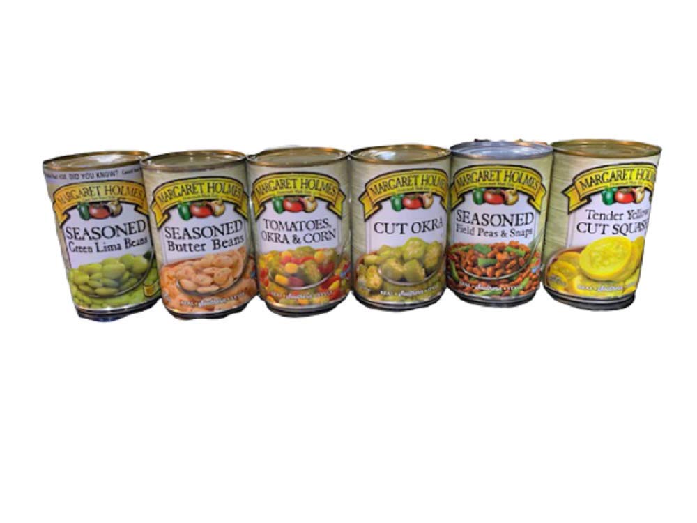 Margaret Holmes 6 Can Variety Pack Lima Beans, Corn, Okra, Peas, Squash &Tomatoes