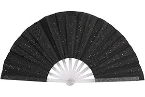 HeyToo 13inch Glitter Women Handheld Fan With Shining Transparent Fan Rib for Wedding,Church,Festival,Dance,Party Prom,Club,EDM Accessory Shining Black