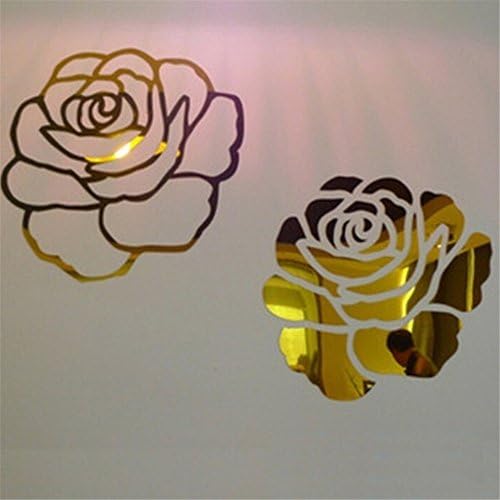 2Pcs Fashion Rose Flower Mirror Surface Wall Sticker 3D Wall Decals Home Living Room Decor (M, gold)