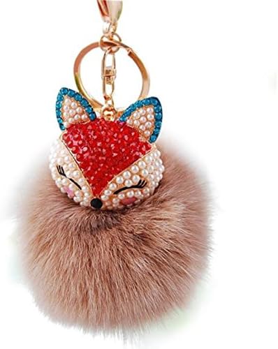 Generic Real Fox Fur Ball with Artificial Fox Head Inlay Pearl Rhinestone Key Chain for Womens Bag or Cellphone or Car Pendant (Brown)