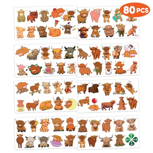 72 Temporäre Tattoos Mit Highland Cow Motiv | 12 Bögen | Für Kindergeburtstag, Mottoparty, Goodie Bags