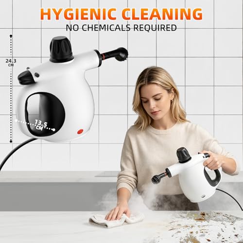 Limpiador a Vapor de Mano, Limpiador Vapor Portátil Multiusos con 12 Accesorios, Steam Cleaner de Alta Temperatura para Cocina, Baño, Sofa, Alfombras, Ventana, Suelos e Interior de Coche (Blanco)