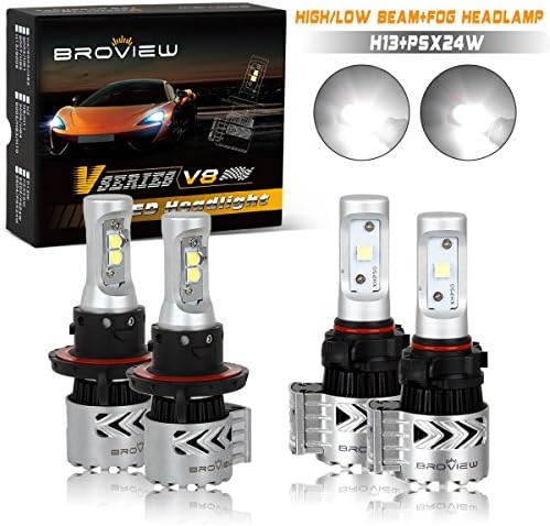 (4PCS)Broview Headlight Combo Head lamp High/Low Beam H13 9008 w/Fog Driving Bulbs Cree PS24W 5202 12000LM White Cree Kit