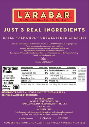 LARABAR CHERRY PIE, GLUTEN FREE VEGAN FRUIT & NUT BAR, 1.7 OZ BARS, 16 CT