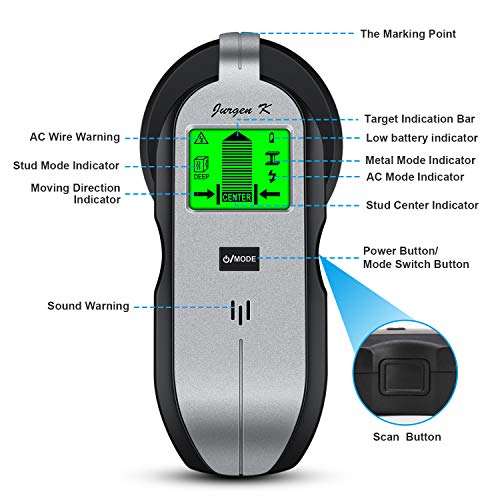 Stud Finder Wall Scanner, JURGEN K Multifunction Wall Detector with Upgrade Sensor, Digital LCD Display & Sound Warning for Center and Edge of Metal, Studs, Joists, Pipes, Live AC Wire Detection