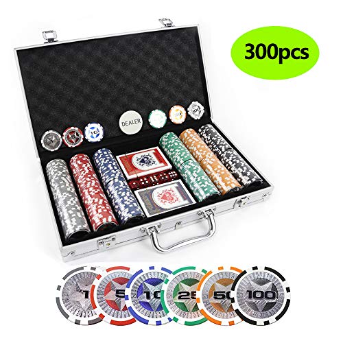 KAILE Texas Hold 'em Casino Clay Poker Chips Set with Aluminum Case, 13.5 Gram 300pcs Playing Cards Game Blackjack Gambling Chips (300 Piece Set)