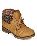 Refresh BH47 Women Leatherette Sweater Knit Fold Down Fur Trim Combat Bootie - Tan (Size: 8.5)