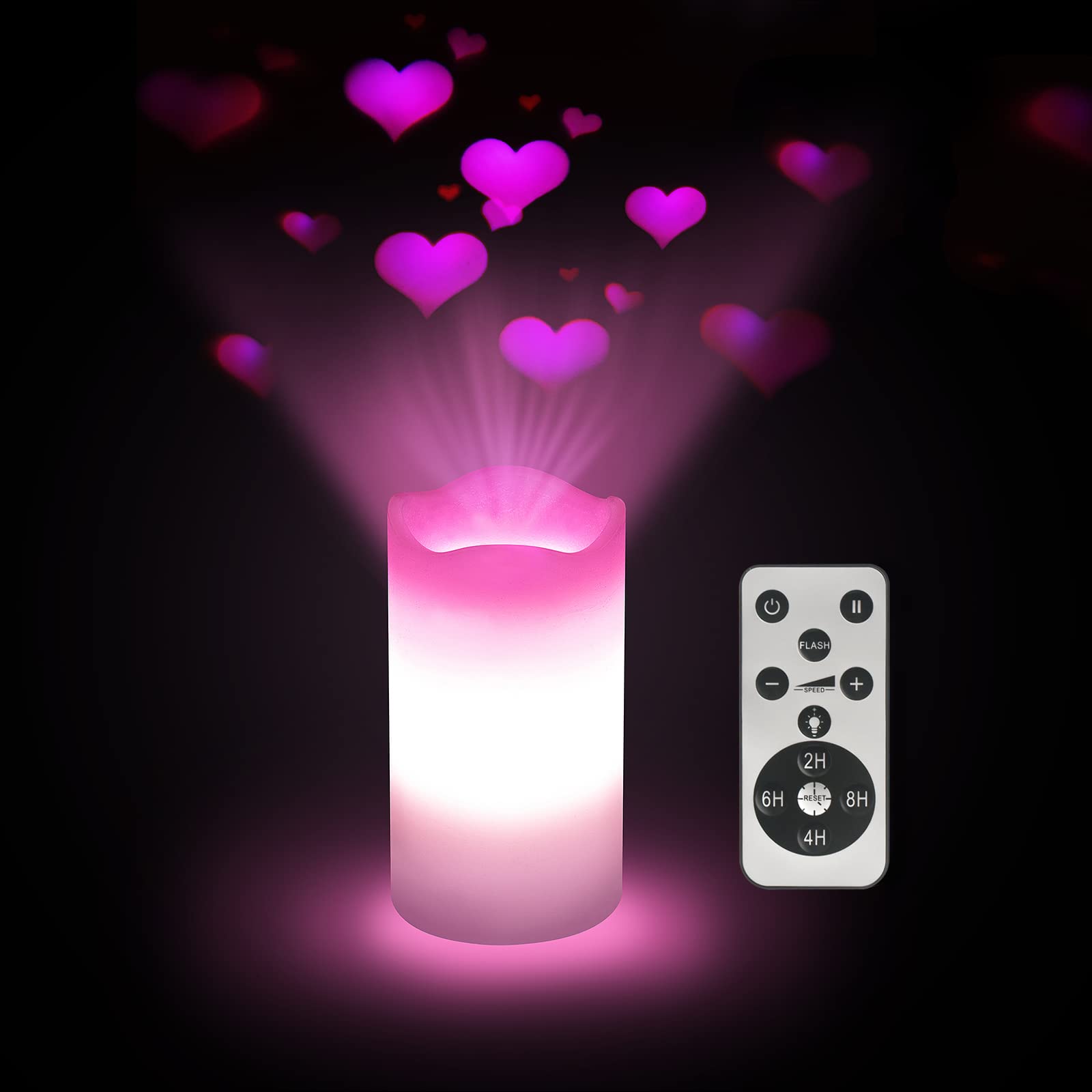 Photo 1 of XingsLight Flameless Candles Valentine Romantic Pink Heart Projector Lights Battery Operated Night Light with Remote and Timer, LED Candle Home Decorations