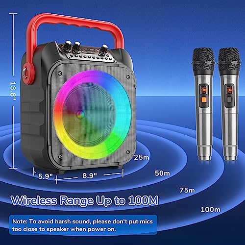 VerkTop Karaoke Machine, Bluetooth Karaoke Speaker Machine for Adults Kids with 2 Wireless Mics, Portable PA System with Colorful LED Party Lights, Supports TWS/USB/Bluetooth/TF/AUX